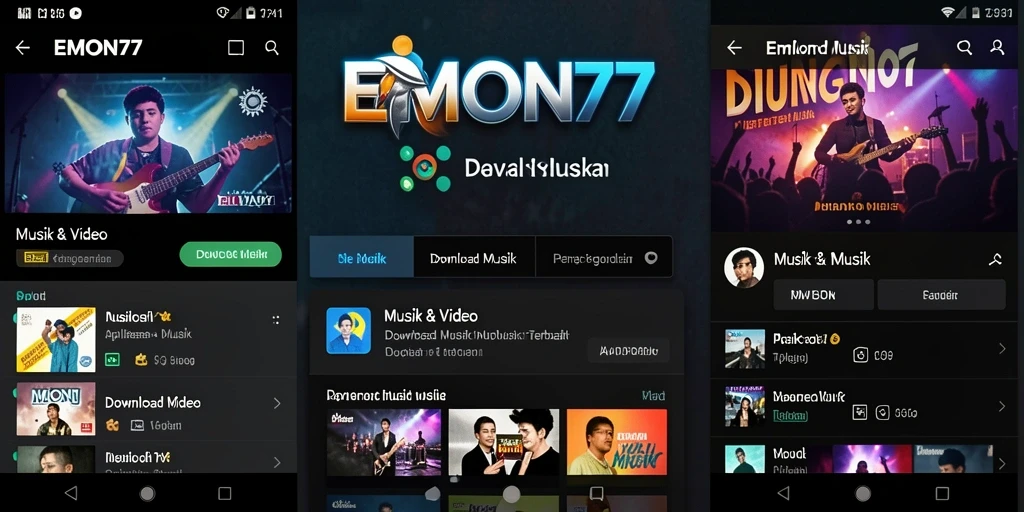 Antarmuka aplikasi EMON77 dengan berbagai fitur Download Musik.