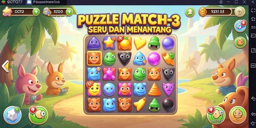 Antarmuka GOTO77 dengan grafis game Puzzle Match-3 yang cerah dan menarik.